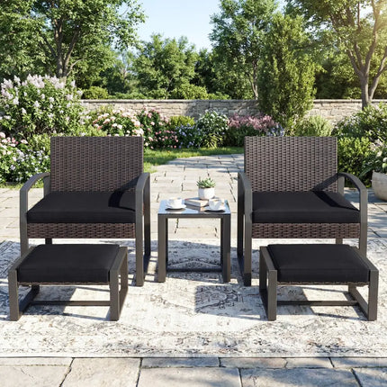 5-Piece Patio Conversation Set with 2 Ottomans and Tempered Glass Side Table-Black - Black - Patio Conversation Sets