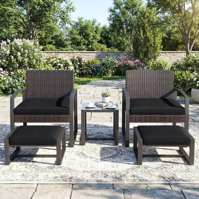 5-Piece Patio Conversation Set with 2 Ottomans and Tempered Glass Side Table-Black - Black - Patio Conversation Sets