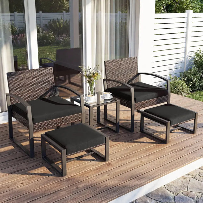 5-Piece Patio Conversation Set with 2 Ottomans and Tempered Glass Side Table-Black - Black - Patio Conversation Sets