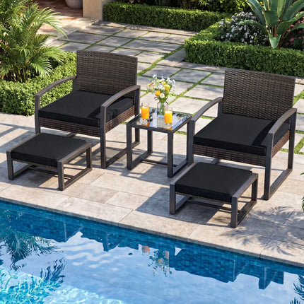 5-Piece Patio Conversation Set with 2 Ottomans and Tempered Glass Side Table-Black - Black - Patio Conversation Sets