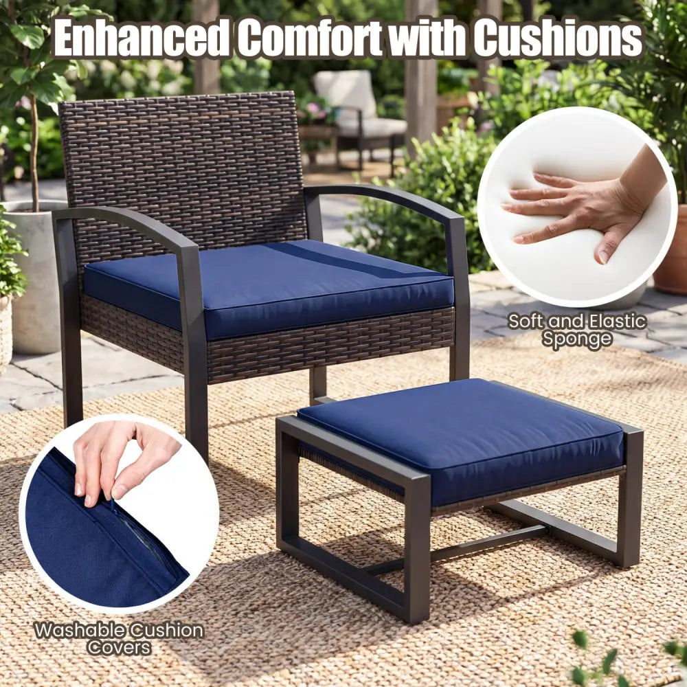 5-Piece Patio Conversation Set with 2 Ottomans and Tempered Glass Side Table-Navy - Navy - Patio Conversation Sets
