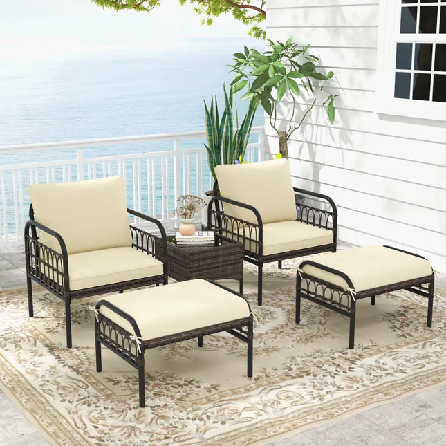 5 Piece Patio Conversation Set with Ottomans and Coffee Table-Beige - Beige - Outdoor Chaise Lounges