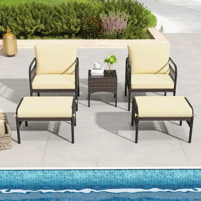 5 Piece Patio Conversation Set with Ottomans and Coffee Table-Beige - Beige - Outdoor Chaise Lounges