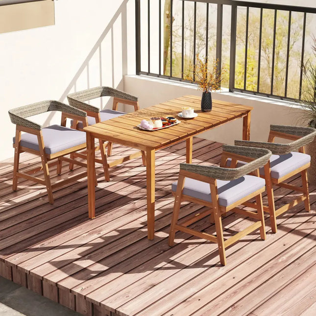 5 Piece Patio Dining Set Solid Wood with Rattan Backrest and Cushions - Gray - Patio Dining Sets