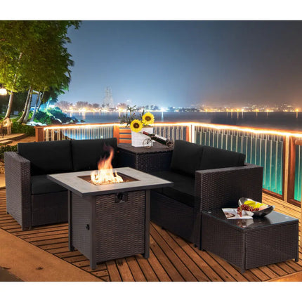 5-Piece Patio Furniture Set with 30 Inches Gas Fire Pit Table Outdoor PE Wicker Sofa Set-Black - Black - Patio