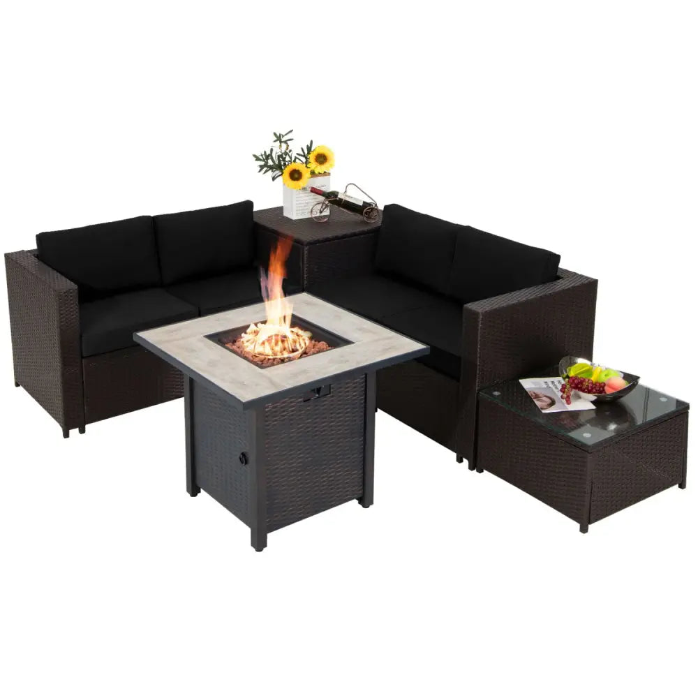 5-Piece Patio Furniture Set with 30 Inches Gas Fire Pit Table Outdoor PE Wicker Sofa Set-Black - Black - Patio
