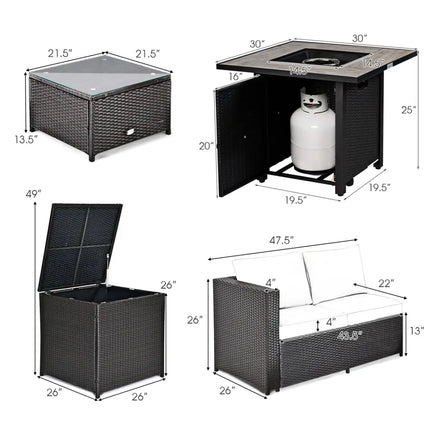 5-Piece Patio Furniture Set with 30 Inches Gas Fire Pit Table Outdoor PE Wicker Sofa Set-Black - Black - Patio