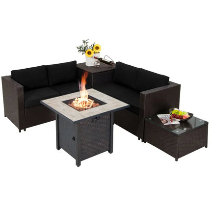 5-Piece Patio Furniture Set with 30 Inches Gas Fire Pit Table Outdoor PE Wicker Sofa Set-Black - Black - Patio