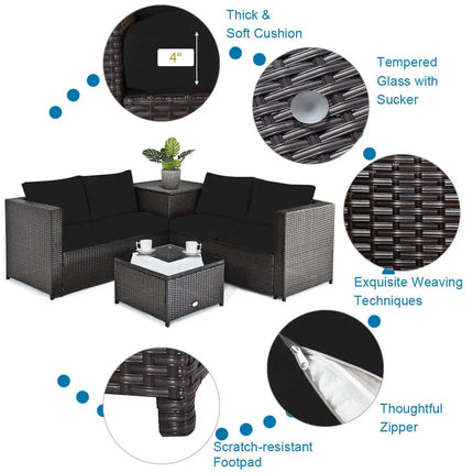 5-Piece Patio Furniture Set with 30 Inches Gas Fire Pit Table Outdoor PE Wicker Sofa Set-Black - Black - Patio