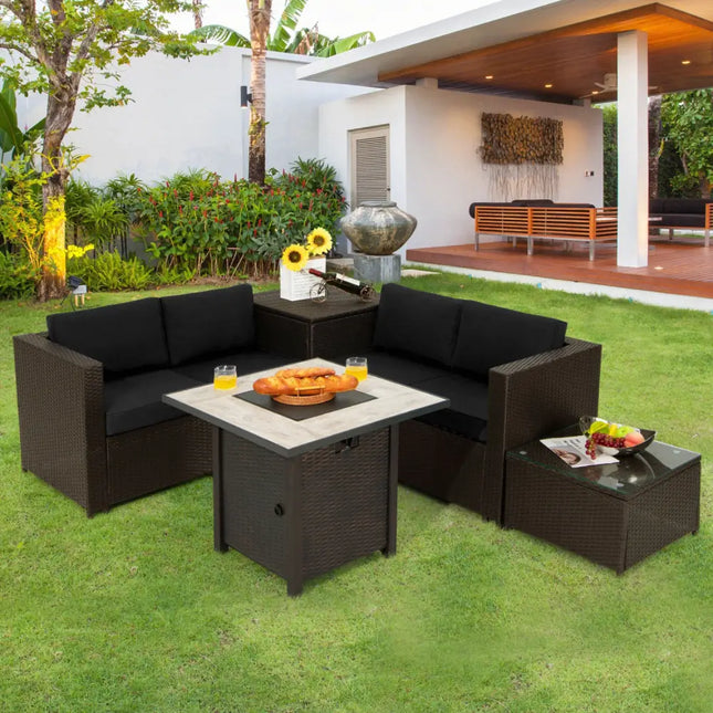 5-Piece Patio Furniture Set with 30 Inches Gas Fire Pit Table Outdoor PE Wicker Sofa Set-Black - Black - Patio