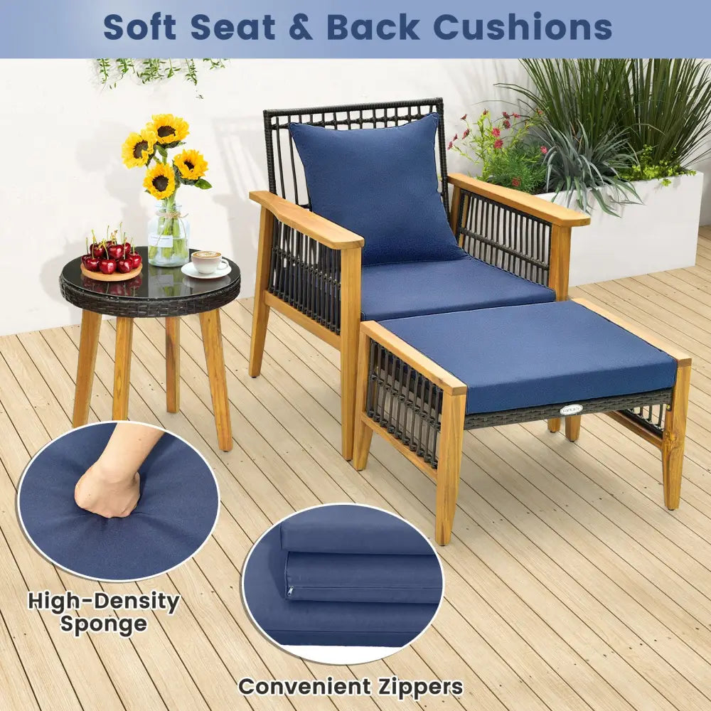 5 Piece Patio Furniture Set with Coffee Table and 2 Ottomans-Navy - Navy - Patio Conversation Sets