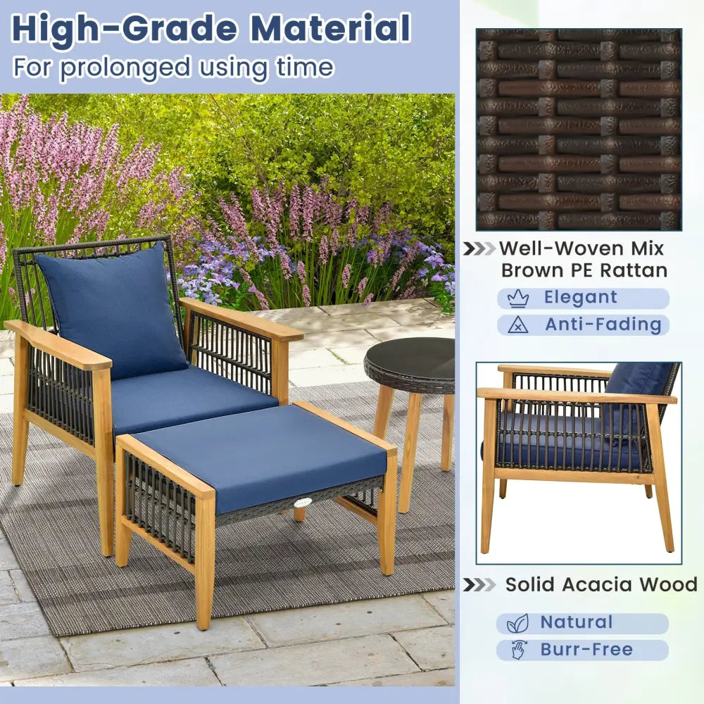 5 Piece Patio Furniture Set with Coffee Table and 2 Ottomans-Navy - Navy - Patio Conversation Sets
