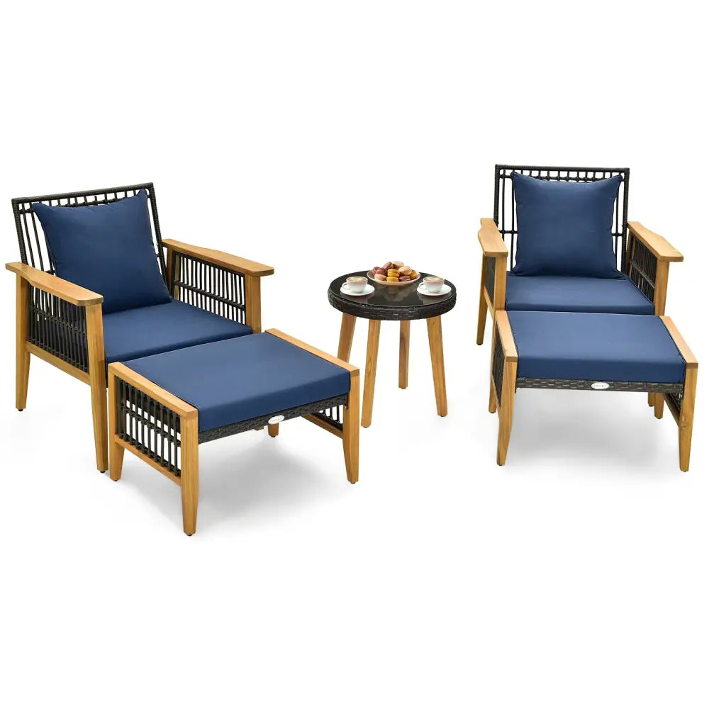 5 Piece Patio Furniture Set with Coffee Table and 2 Ottomans-Navy - Navy - Patio Conversation Sets