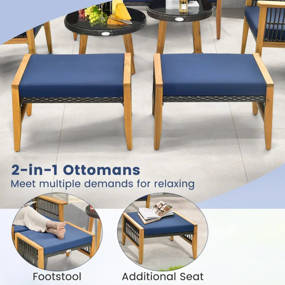 5 Piece Patio Furniture Set with Coffee Table and 2 Ottomans-Navy - Navy - Patio Conversation Sets