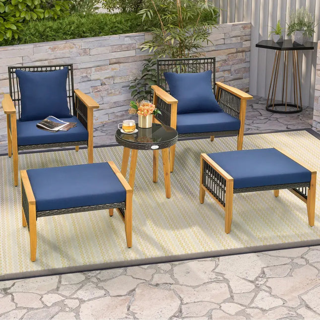 5 Piece Patio Furniture Set with Coffee Table and 2 Ottomans-Navy - Navy - Patio Conversation Sets