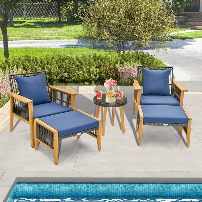 5 Piece Patio Furniture Set with Coffee Table and 2 Ottomans-Navy - Navy - Patio Conversation Sets