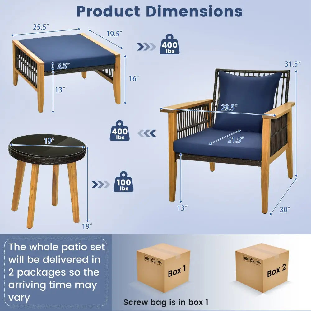 5 Piece Patio Furniture Set with Coffee Table and 2 Ottomans-Navy - Navy - Patio Conversation Sets