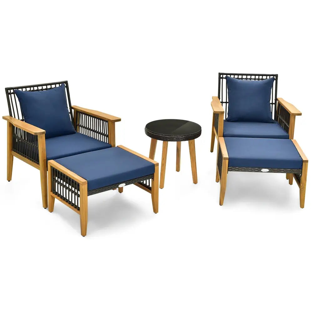5 Piece Patio Furniture Set with Coffee Table and 2 Ottomans-Navy - Navy - Patio Conversation Sets