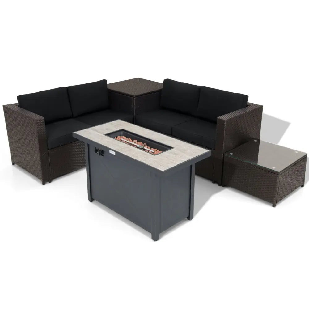 5-Piece Patio Furniture Set with Propane Fire Pit Table-Black - Black - Patio Conversation Sets