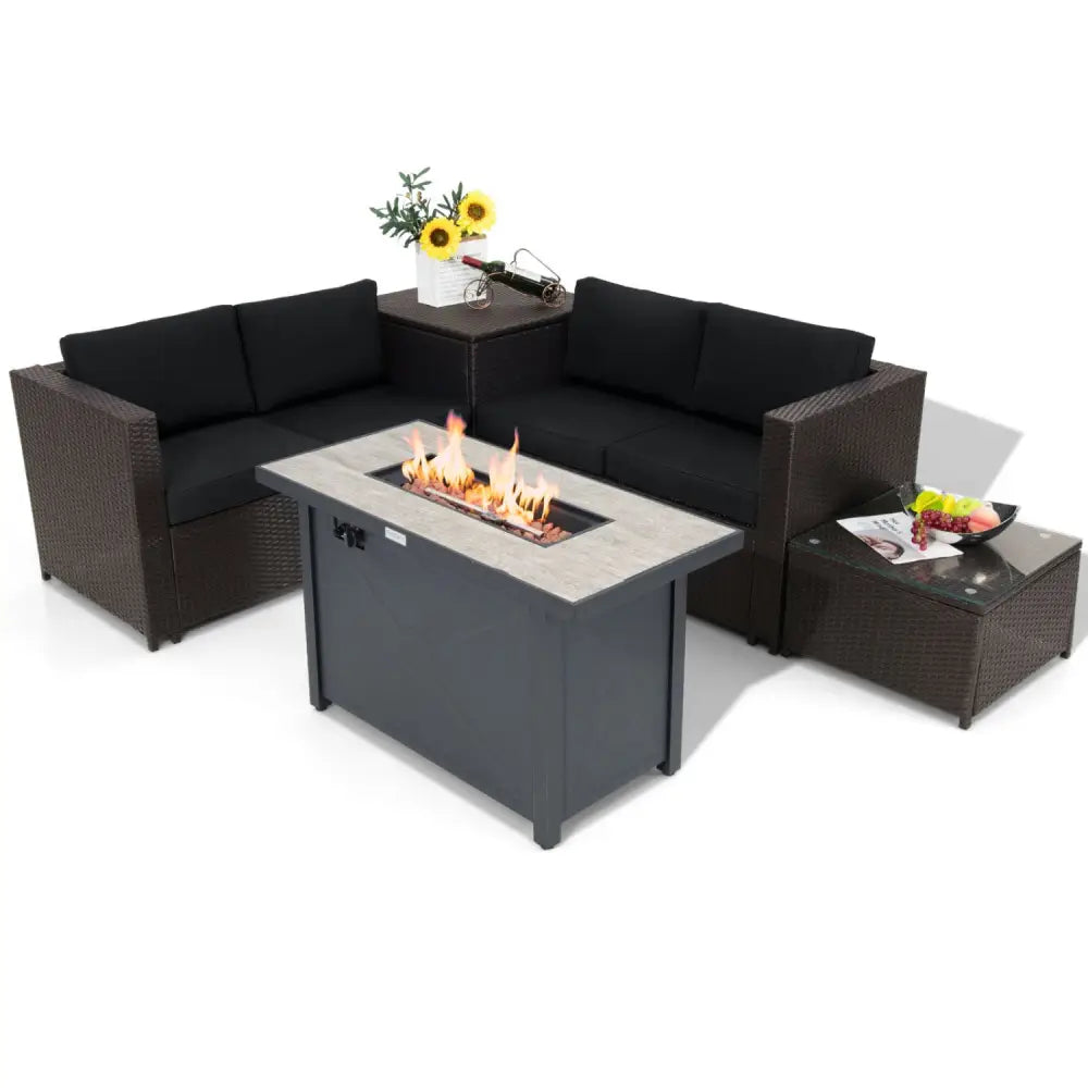 5-Piece Patio Furniture Set with Propane Fire Pit Table-Black - Black - Patio Conversation Sets