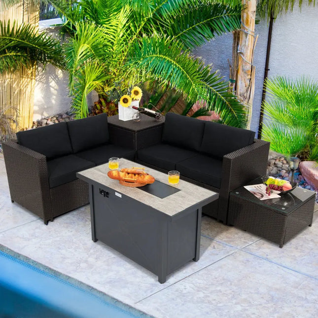 5-Piece Patio Furniture Set with Propane Fire Pit Table-Black - Black - Patio Conversation Sets