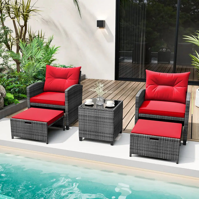 5 Piece Patio Rattan Furniture with 2 Ottomans and Tempered Glass Coffee Table-Red - Red - Patio Conversation Sets