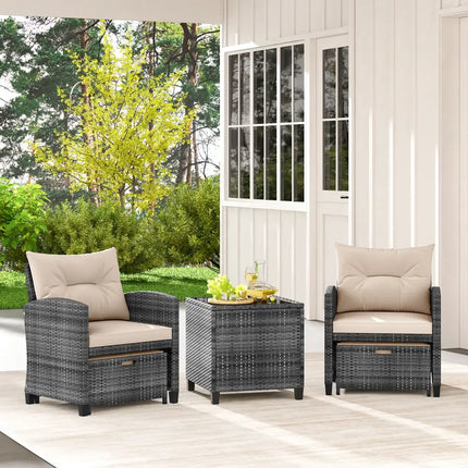 5 Piece Patio Rattan Furniture with 2 Ottomans and Tempered Glass Coffee Table-Beige - Beige - Patio Conversation Sets