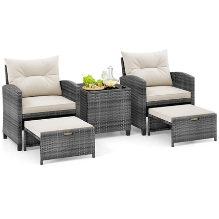 5 Piece Patio Rattan Furniture with 2 Ottomans and Tempered Glass Coffee Table-White - White - Patio Conversation Sets