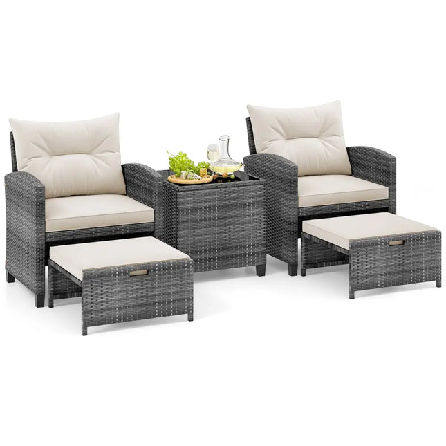 5 Piece Patio Rattan Furniture with 2 Ottomans and Tempered Glass Coffee Table-White - White - Patio Conversation Sets