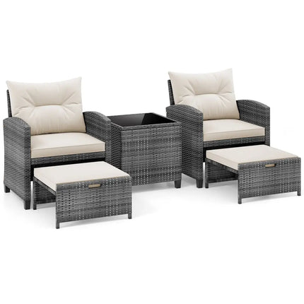 5 Piece Patio Rattan Furniture with 2 Ottomans and Tempered Glass Coffee Table-White - White - Patio Conversation Sets