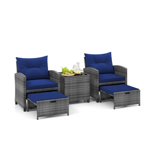 5 Piece Patio Rattan Furniture with 2 Ottomans and Tempered Glass Coffee TableNavy - Oasis Home Essentials