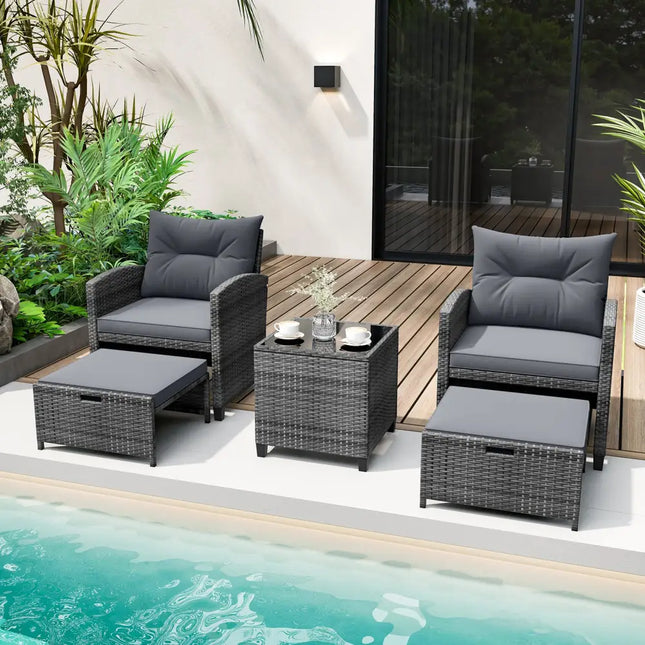 5 Piece Patio Rattan Furniture with 2 Ottomans and Tempered Glass Coffee Table-Gray - Gray - Patio Conversation Sets
