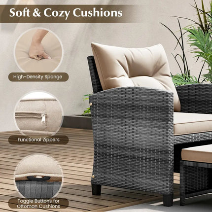 5 Piece Patio Rattan Furniture with 2 Ottomans and Tempered Glass Coffee Table-Beige - Beige - Patio Conversation Sets