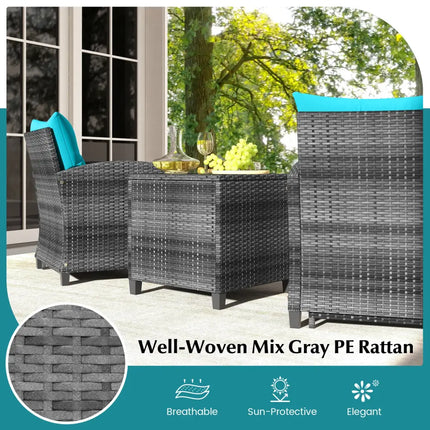 5 Piece Patio Rattan Furniture with 2 Ottomans and Tempered Glass Coffee Table-Turquoise - Turquoise - Patio