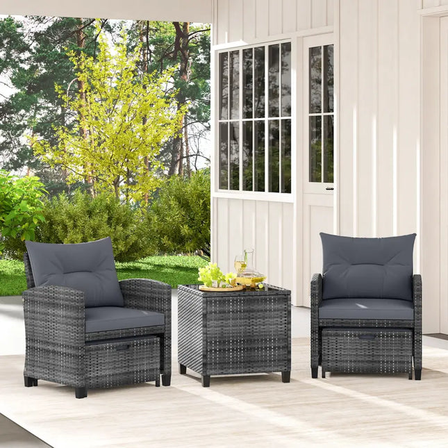 5 Piece Patio Rattan Furniture with 2 Ottomans and Tempered Glass Coffee Table-Gray - Gray - Patio Conversation Sets