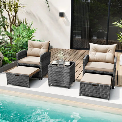 5 Piece Patio Rattan Furniture with 2 Ottomans and Tempered Glass Coffee Table-Beige - Beige - Patio Conversation Sets