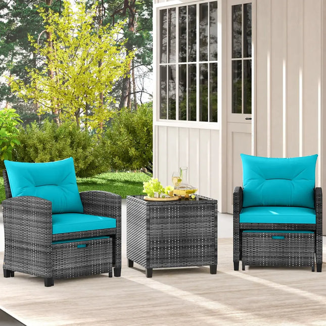 5 Piece Patio Rattan Furniture with 2 Ottomans and Tempered Glass Coffee Table-Turquoise - Turquoise - Patio