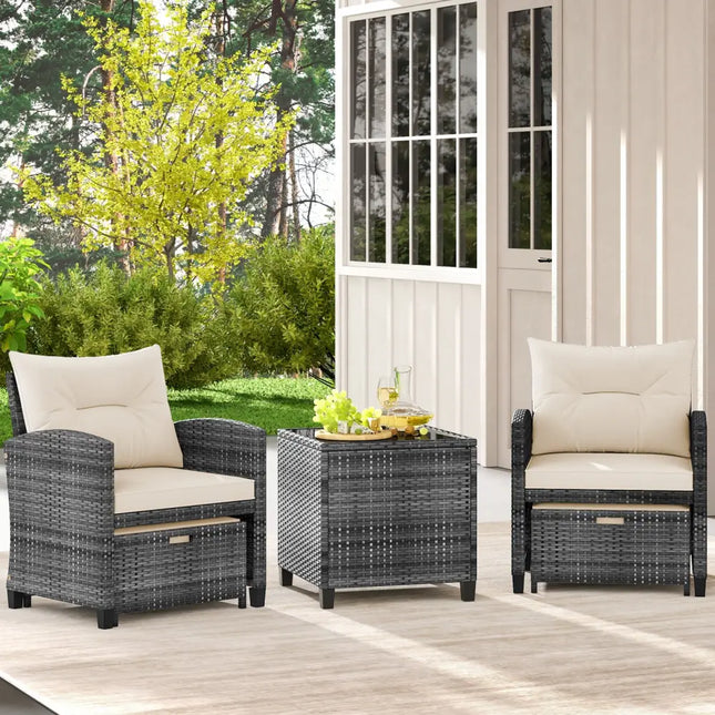 5 Piece Patio Rattan Furniture with 2 Ottomans and Tempered Glass Coffee Table-White - White - Patio Conversation Sets