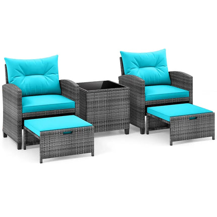 5 Piece Patio Rattan Furniture with 2 Ottomans and Tempered Glass Coffee Table-Turquoise - Turquoise - Patio
