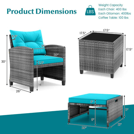 5 Piece Patio Rattan Furniture with 2 Ottomans and Tempered Glass Coffee Table-Turquoise - Turquoise - Patio
