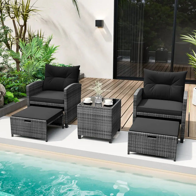 5 Piece Patio Rattan Furniture with 2 Ottomans and Tempered Glass Coffee Table-Black - Black - Patio Conversation Sets