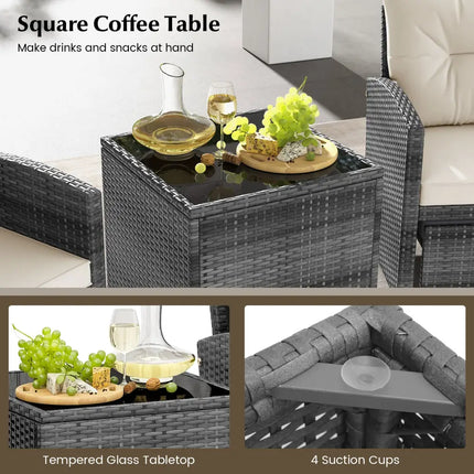 5 Piece Patio Rattan Furniture with 2 Ottomans and Tempered Glass Coffee Table-White - White - Patio Conversation Sets
