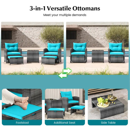 5 Piece Patio Rattan Furniture with 2 Ottomans and Tempered Glass Coffee Table-Turquoise - Turquoise - Patio