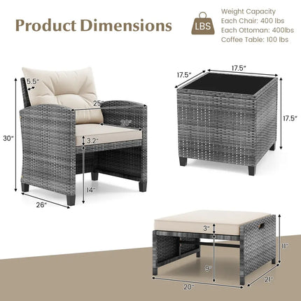 5 Piece Patio Rattan Furniture with 2 Ottomans and Tempered Glass Coffee Table-White - White - Patio Conversation Sets