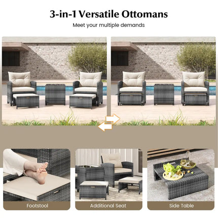 5 Piece Patio Rattan Furniture with 2 Ottomans and Tempered Glass Coffee Table-White - White - Patio Conversation Sets