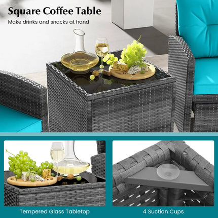 5 Piece Patio Rattan Furniture with 2 Ottomans and Tempered Glass Coffee Table-Turquoise - Turquoise - Patio
