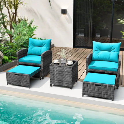 5 Piece Patio Rattan Furniture with 2 Ottomans and Tempered Glass Coffee Table-Turquoise - Turquoise - Patio