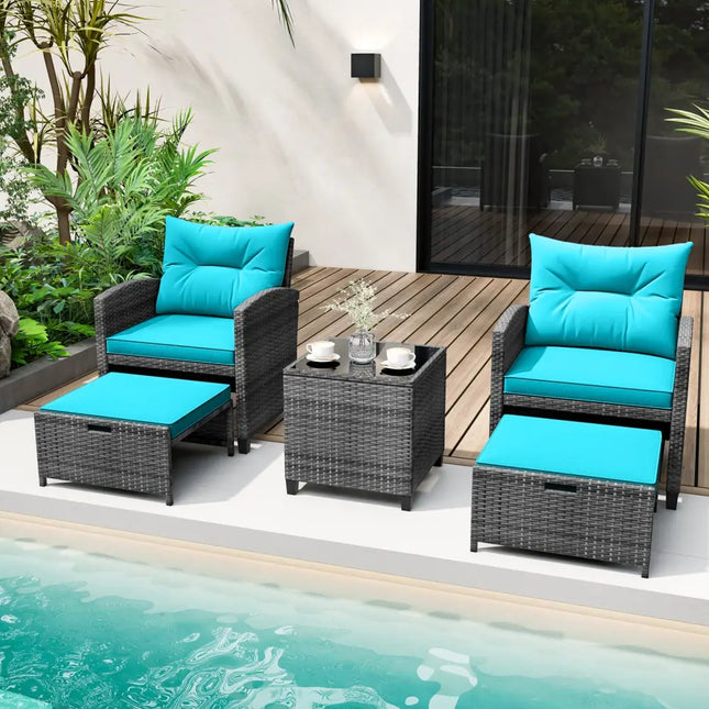 5 Piece Patio Rattan Furniture with 2 Ottomans and Tempered Glass Coffee Table-Turquoise - Turquoise - Patio