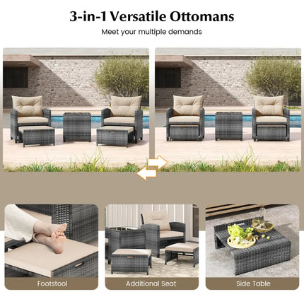 5 Piece Patio Rattan Furniture with 2 Ottomans and Tempered Glass Coffee Table-Beige - Beige - Patio Conversation Sets