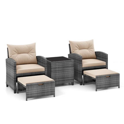 5 Piece Patio Rattan Furniture with 2 Ottomans and Tempered Glass Coffee Table-Beige - Beige - Patio Conversation Sets